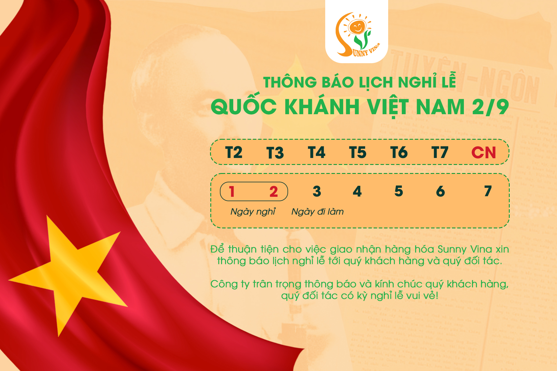 Sunny Vina - Thông báo lịch nghỉ lễ Quốc khánh 2/9 2025