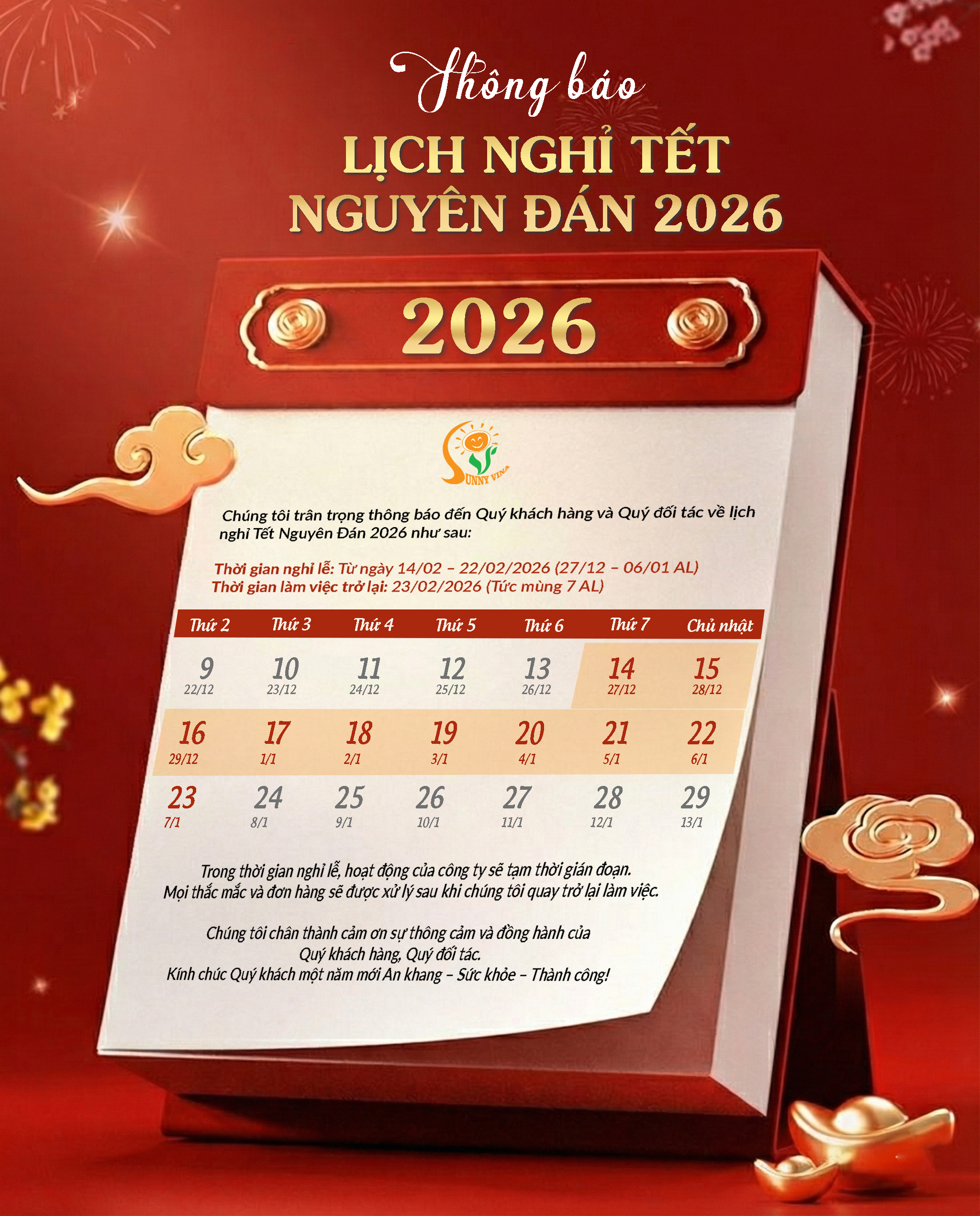 Sunny Vina - Thông báo lịch nghỉ Tết Nguyên đán Bính Ngọ 2026